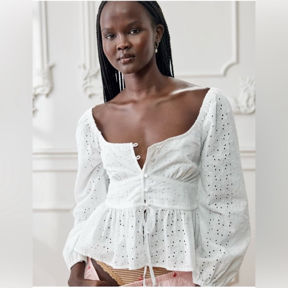 Aerie Long Sleeve Peplum Top White Eyelet Bohemian Bridgerton